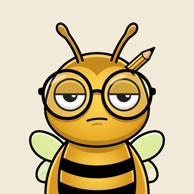 The Apprentice, a bee with a pencil behind its antenna