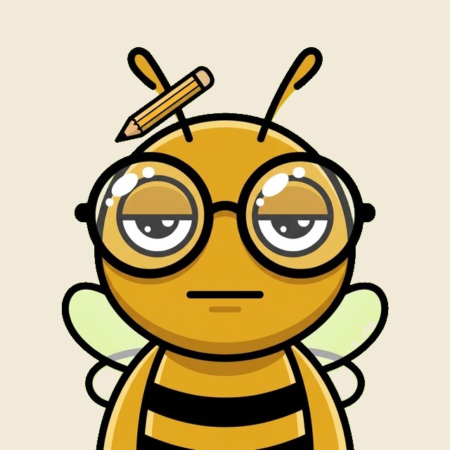 The Worker Bee, a bee with glasses and a pencil